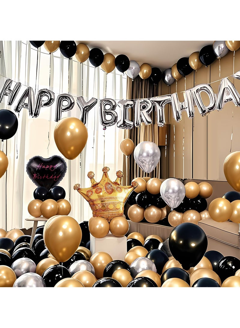 Fashion Golden Crown Birthday Party Balloon Set 55PCS Black Gold Theme Happy Birthday Banner Balloon Kit for Boys Girls Men Women Party Decoration